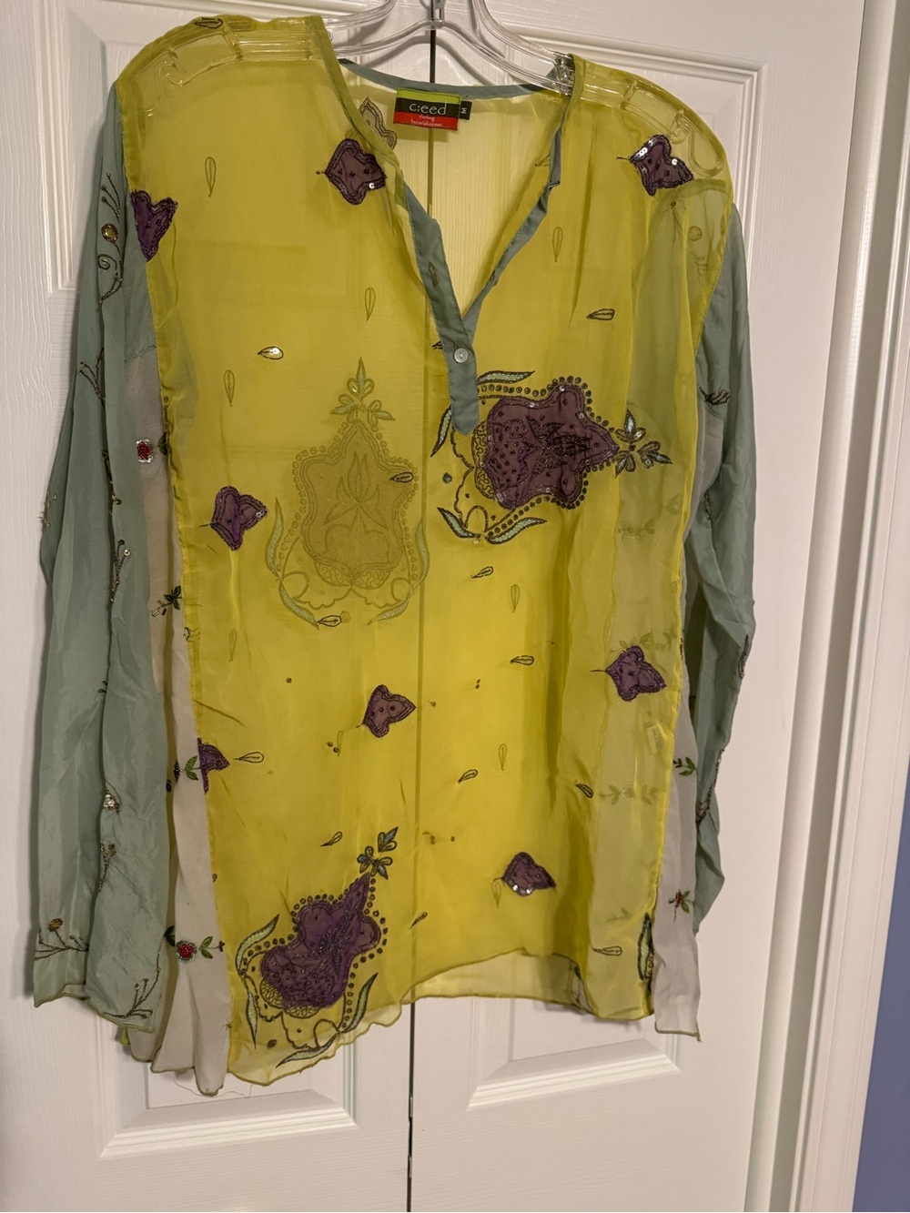 c:eed Lime Green & Sage Embroidered Sheer Blouse